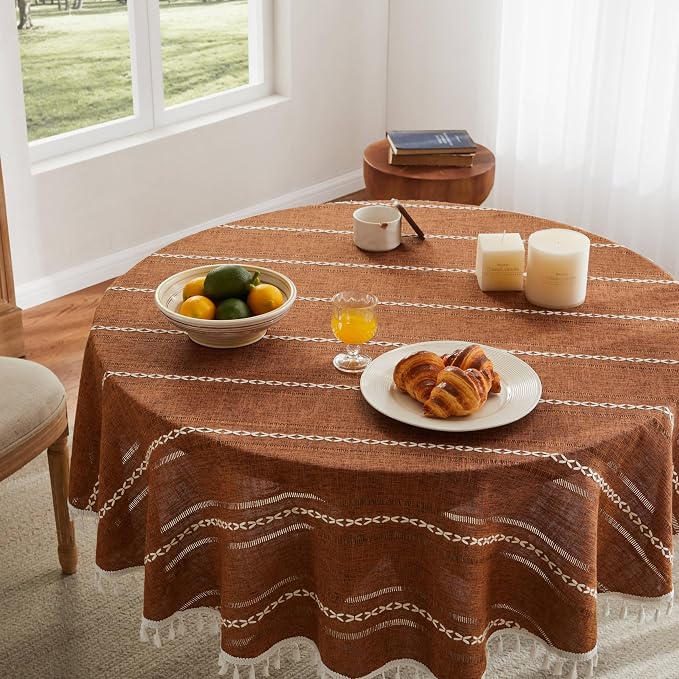 ZeeMart Hemstitched Embroidery Striped Boho Tablecloth 60 Inch Round Caramel, Heavy Weight Farmhouse Burlap Linen Orange Brown Tablecloth, Wrinkle Resistant Washable Table Cloth for Round Table