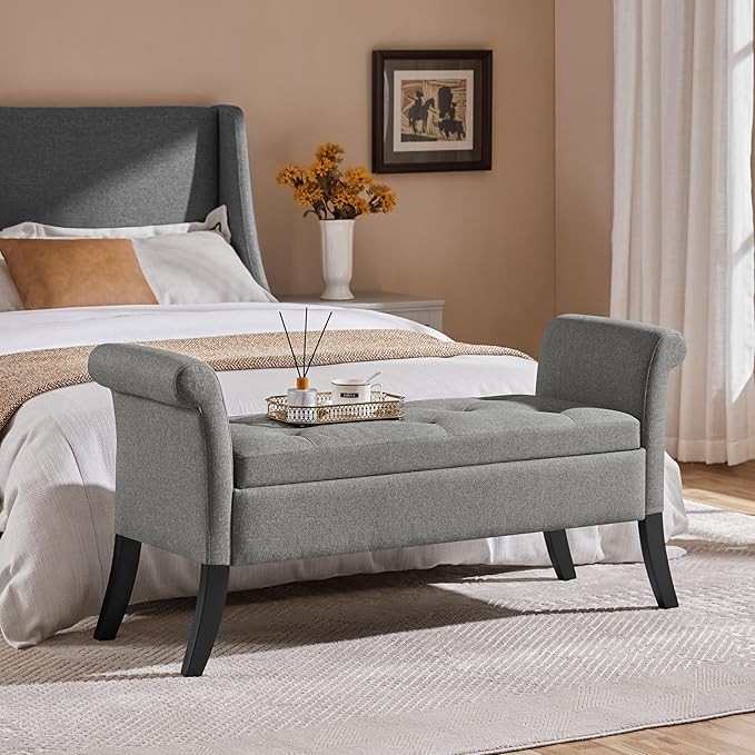 Yaheetech Storage Bench for Entryway Linen Window Bench with Rolled Arms for Bedroom Entryway Window Seat, Light Gray
