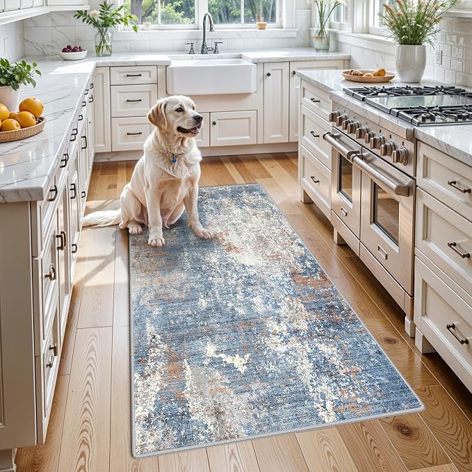 3x5 Washable Kitchen Rug – Non-Slip Rubber Backed Small Area Rug for Entryway, Bedroom, Living Room, Office – Soft Low-Pile Thin Modern Abstract Neutral Door Mat （Blue Rust,3x5）