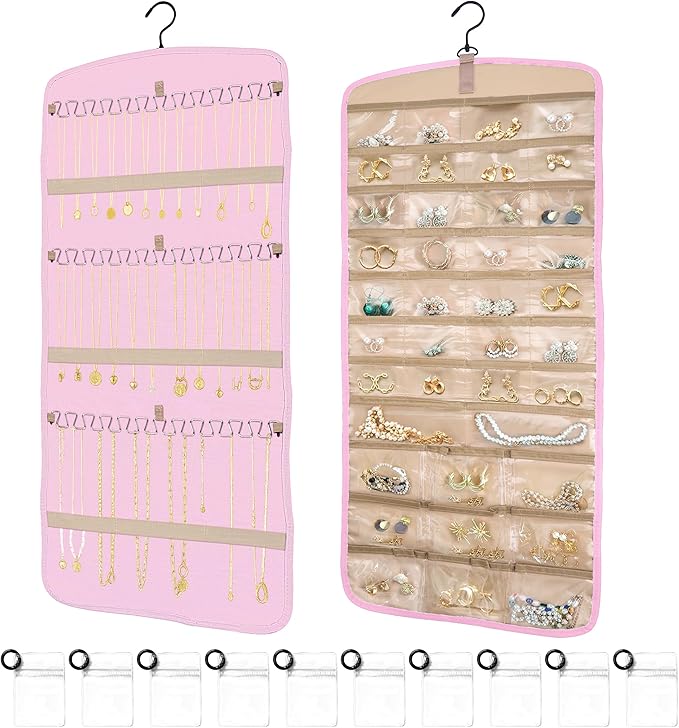 Hanging Jewelry Organizer for Closet, Double-Sided Jewelry Storage for Earrings, Necklaces, Rings on Wall/Door, Earring Holder Organizer Wall with Hooks, Includes 10 Sealed Bags, Water- & Dustproof