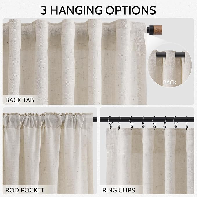 Nanspring Pearl White Linen Curtains 120 Inches Long for Living Room Light Filtering Semi Sheer Curtain Back Tab Coastal Decor Long Floor to Ceiling High Window for Bedroom Office 52x120, 2 Panels