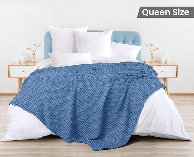Utopia Bedding 100% Cotton Waffle Weave Blanket Queen Size for Bed - Lightweight, Breathable Summer Blankets Soft and Cozy, Gift for Mother’s Day Home Decor (Wedgewood, 90x90 Inch)