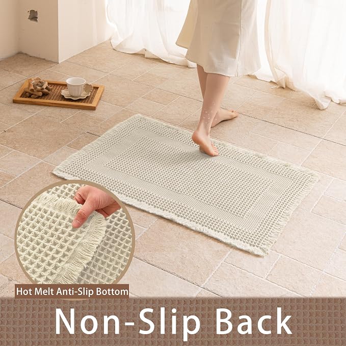 Waffle Bath Mat Non Slip, Boho Bathroom Rug, Super Absorbent Quick Dry Bathroom Mat, Soft Farmhouse Bath Rug with Tassels, Small Washable Shower Mats for Floor 24"x36", Square Cream