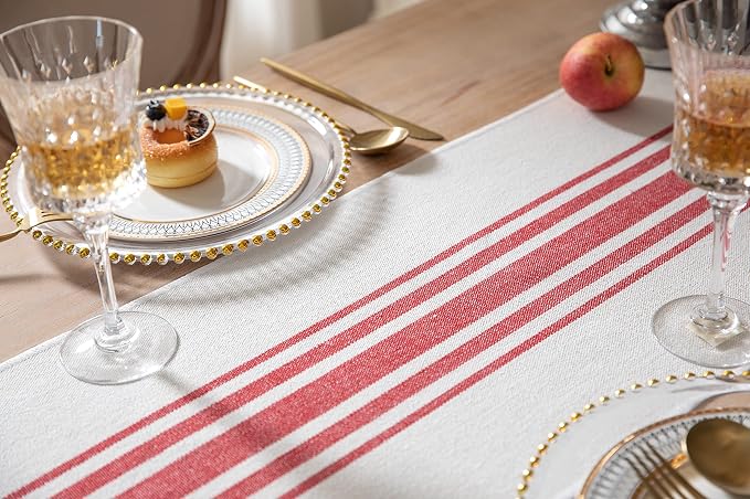 Caflife Christmas Table Runner 13 x 108 Inch for Dining Table, Boho décor Coffee Table Runner with Handcrafted Tassels, red and Beige Stripe Table Runner for Holiday, Winter