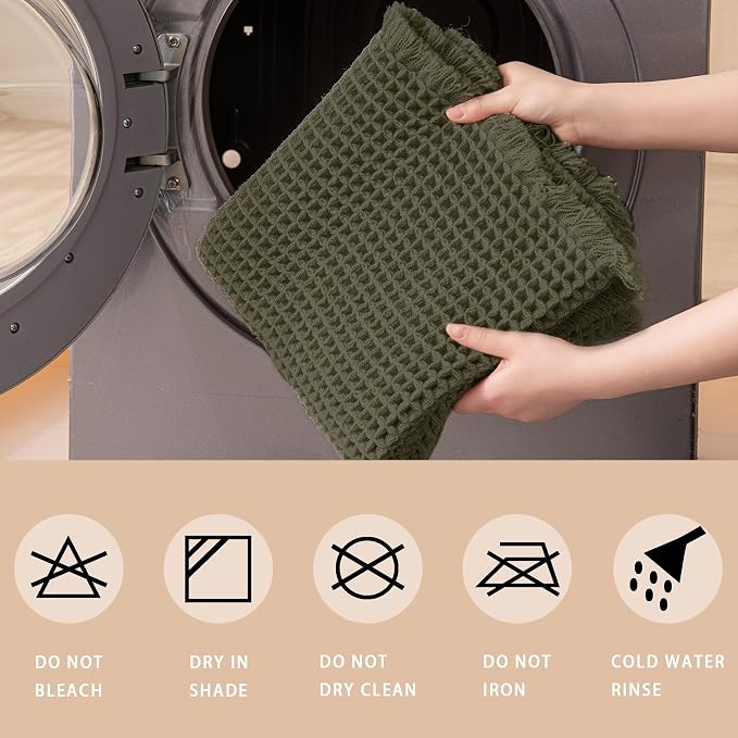 Waffle Bath Mat Non Slip, Boho Bathroom Rug, Super Absorbent Quick Dry Bathroom Mat, Soft Farmhouse Bath Rug with Tassels, Small Washable Shower Mats for Floor 20"x32", Square Olive Green