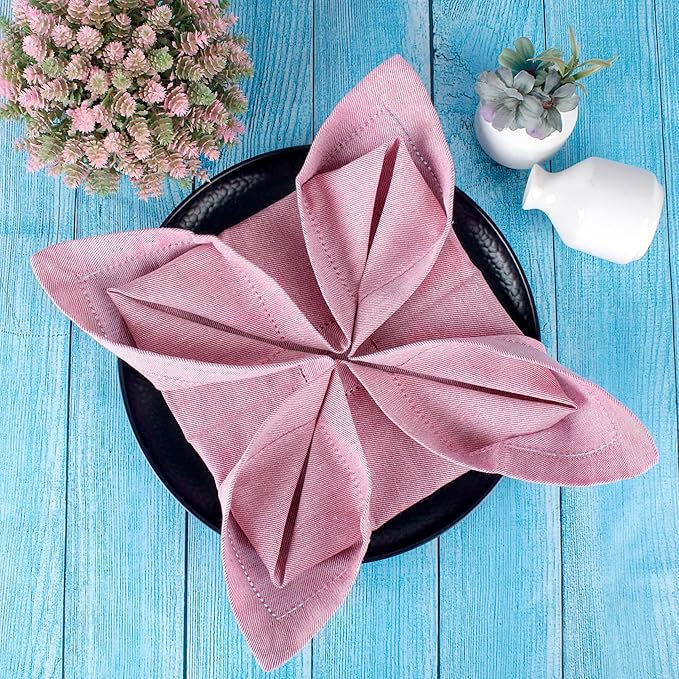 Fingercraft Cloth Napkins, Dual Color Hemstitched Design Dinner Napkins, Everyday Use,Premium Quality Cotton Napkins Perfect for Parties Dinners Weddings Christmas Set of 12, 20 inch Rose White