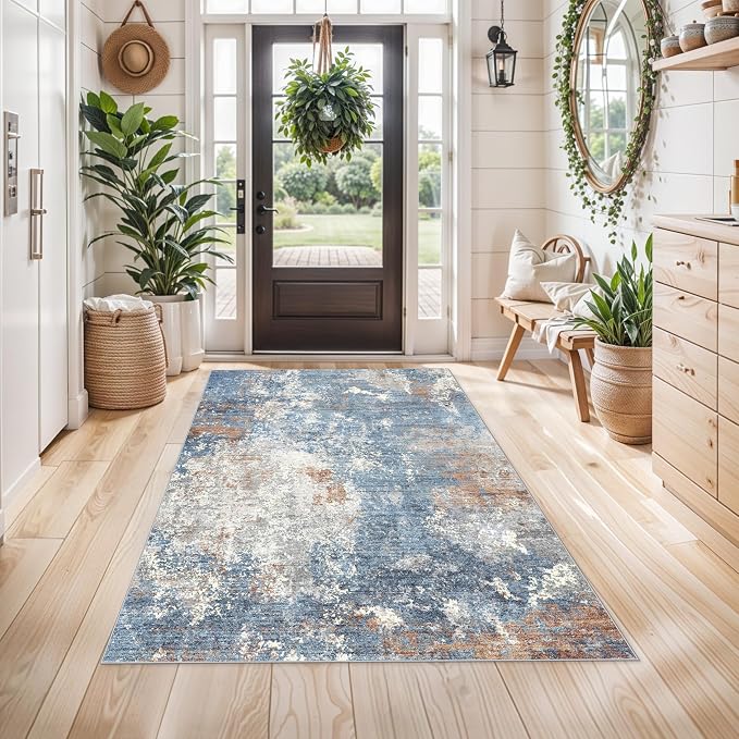 4x5 Washable Entryway Rug – Non-Slip Low Pile Throw Area Rug for Bathroom Kitchen Living Room Bedroom – Modern Abstract Neutral Soft Indoor Small Carpet (Blue Rust,4x5)