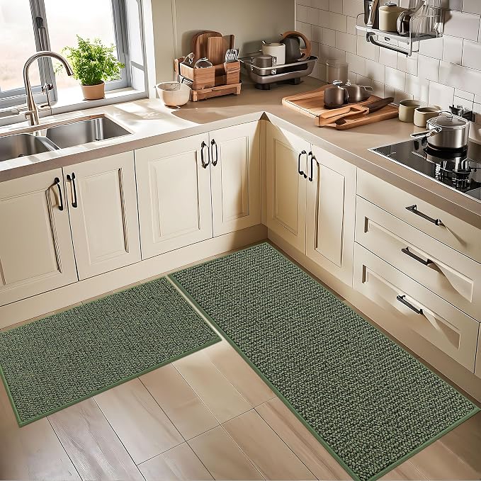 BEQHAUSE Kitchen Rugs and Mats 2PCS, Non-Slip Kitchen Mats for Floor, Absorbent and Stain Resistant Kitchen Runner, Machine Washable Rugs for Kitchen, Laundry & Sink, 24"x36"+24"x60", Green