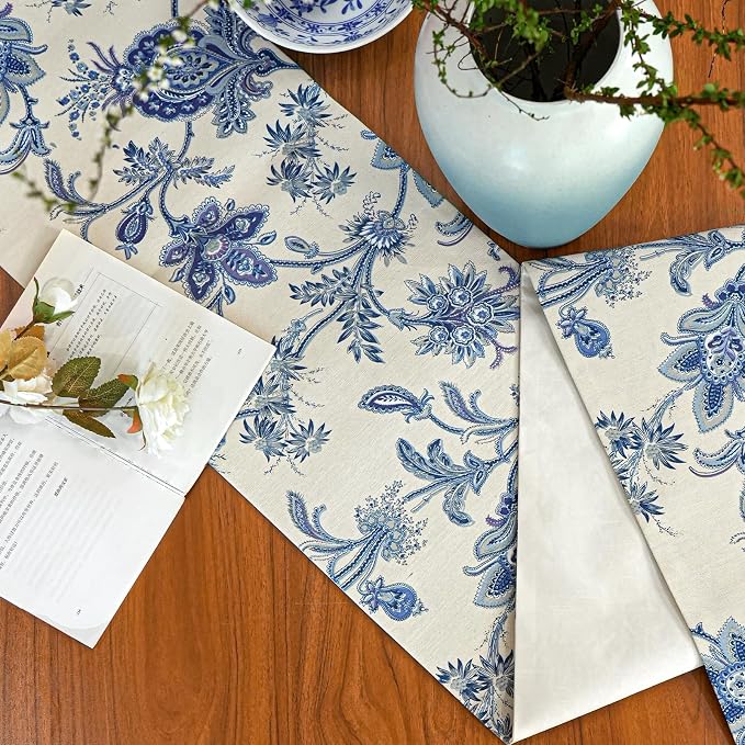 Beige and Blue Table Runner 12x36 Inch, Cotton Polyester Waterproof Seasonal Spring Summer Floral Retro Vintage Table Decoration for Kitchen Dining Home Party Decor