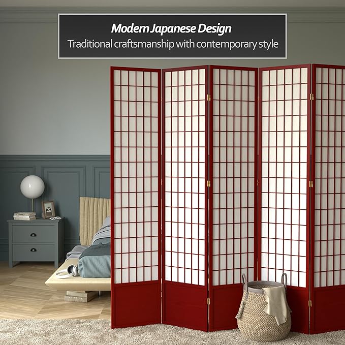 Red Lantern 7 ft. Tall Window Pane Shoji Screen - Rosewood - 6 Panels