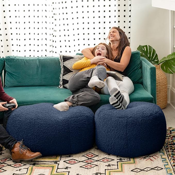 Jaxx Ellis Ottoman Shearling Faux-Lamb Plush Pouf for Modern Interior Design, Oval, Indigo
