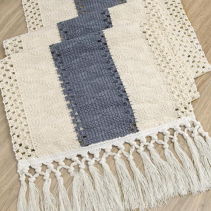 yuboo Boho Macrame Dresser Runner, Navy Blue Coffee Table Runner Short, Rustic Summer Coastal Table Runner Farmhouse Style for Nightstand, End Table, Desk Table, Bohemian Dresser Decor, 48 Inches Long
