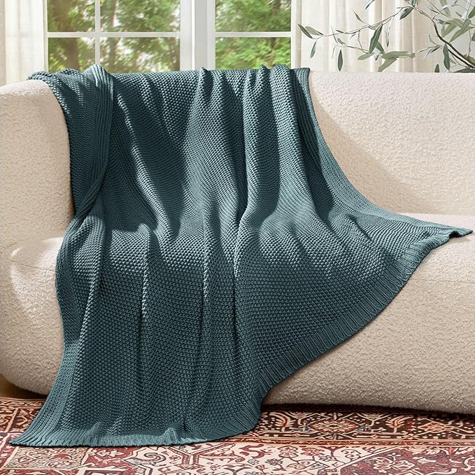 100% Cotton Cable Knit Throw Blanket, Lightweight Soft Knit Blanket for Sofa Couch Bed, Breathable All-Season Throw, Cozy Decorative Blanket, 50 x 60 Inch,Teal