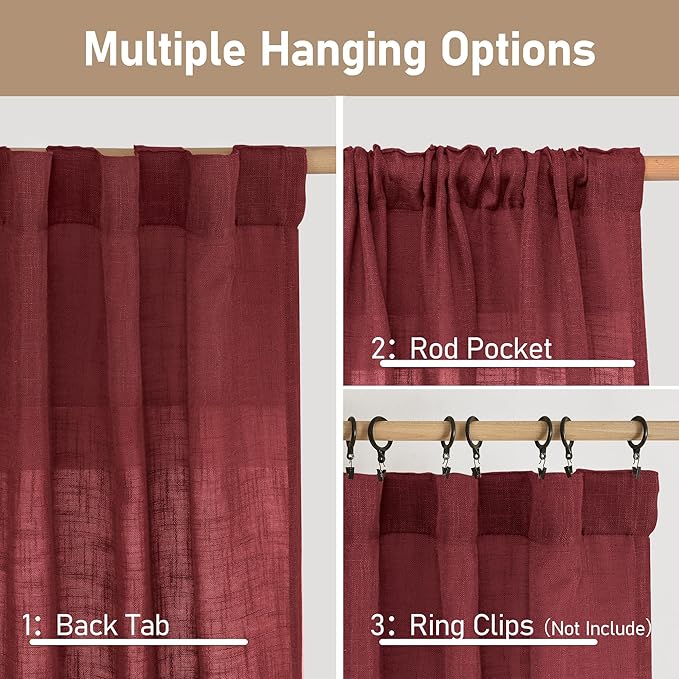LAMIT Burgundy Red Linen Curtains 54 Inch Length 2 Panels, Light Filtering Panels Back Tab and Rod Pocket Christmas Decor Drapes for Bathroom/Window/Bedroom, 52 x 54 Inch