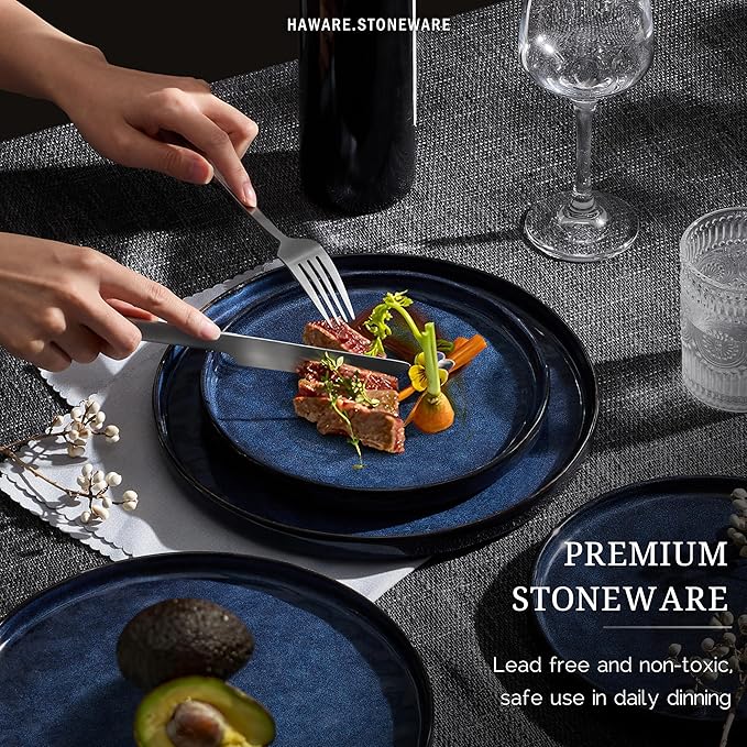 HaWare Dinnerware Sets, 24-Piece Plates and Bowls Set, Stoneware Dish Set for 8, Ceramic Dinnerware for Home Restaurant, Chip and Scratch Resistant, Microwave and Dishwasher Safe, Reactive Starry Blue