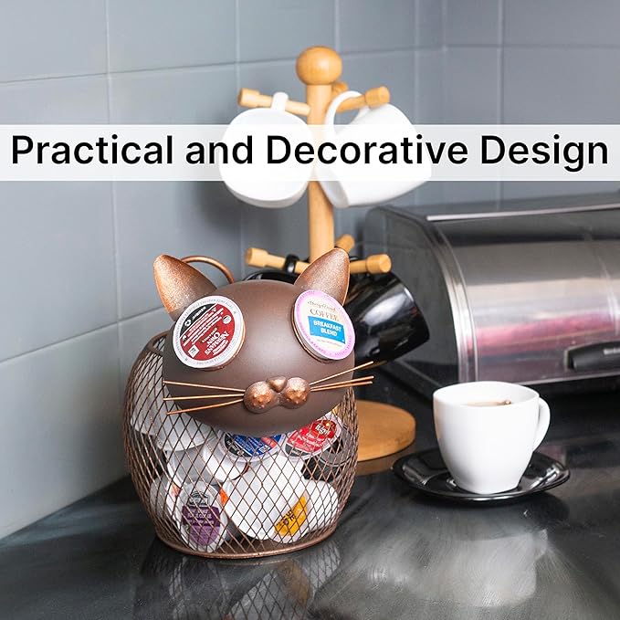 Made Easy Kit Coffee Pod Basket Organizer Practical Decoration - Compatible with Keurig K-Cup Pods & Capsules - Home Cafe Bar Decor Useful Kitchen Countertop Freestanding (Cat Vintage)