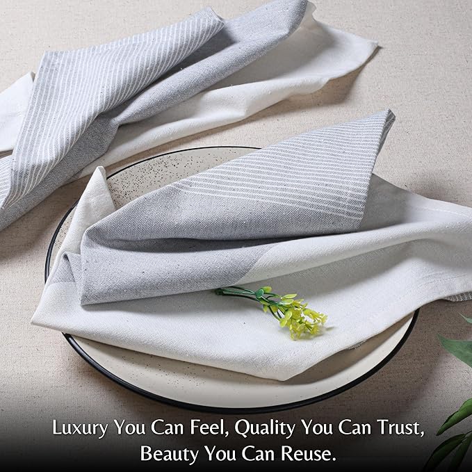 Palisa 100% Cotton Cloth Dinner Napkins [Pack of 12, Grey] Striped Pattern Reusable Table Linen Napkins for Home & Kitchen | Parties & Farmhouse Dining Décor 18x18 Inch