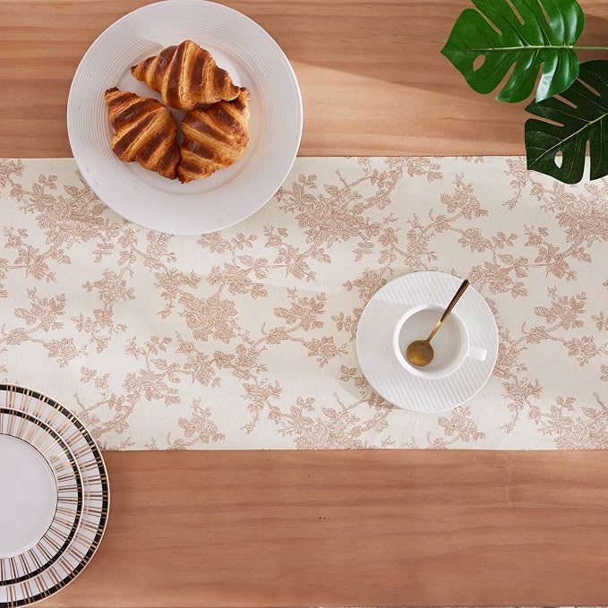 100% Cotton French Pastoral Table Runners, 13x36Inch Taupe Farmhouse Table Runners 36 Inches Long, Vintage Flowers Print Home Decors