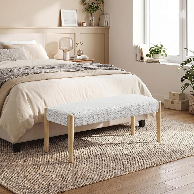 Usaint 42" End of Bed Bench, Modern Upholstered Bedroom Bench with Rubberwood Legs, Entryway Bench with Cushion, Dining Bench for Living Room, Bedroom, Heathered Off-White with Oak Leg