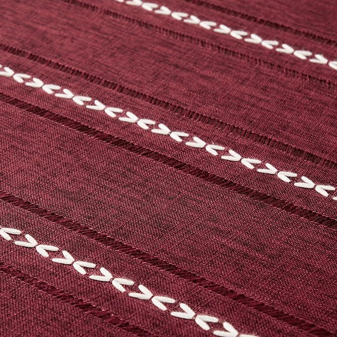 ZeeMart Hemstitched Embroidery Striped Boho Tablecloth 60x60 Inch Burgundy, Heavy Weight Farmhouse Burlap Linen Red Tablecloth, Wrinkle Resistant Washable Table Cloth for Square Table