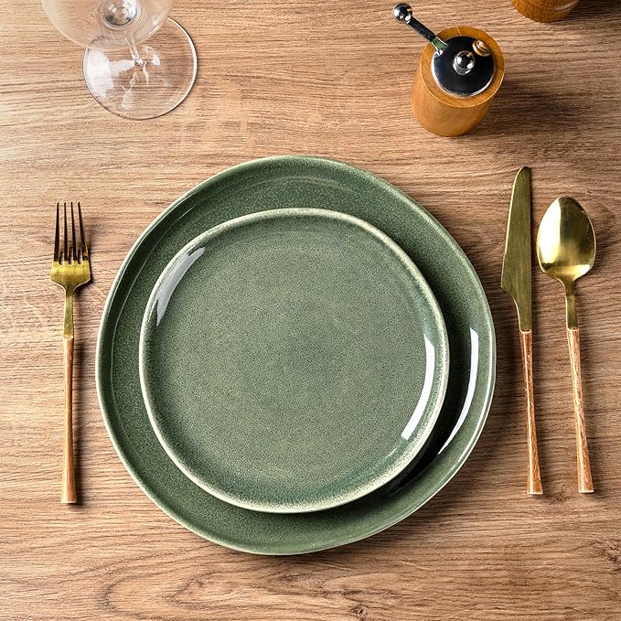AmorArc Ceramic Dinner Plates Set of 6, 10.5 Inch Handmade Reactive Glaze Stoneware Plates, Rustic Shape Dinnerware Dish Set for Kitchen, Microwave & Dishwasher Safe, Scratch Resistant