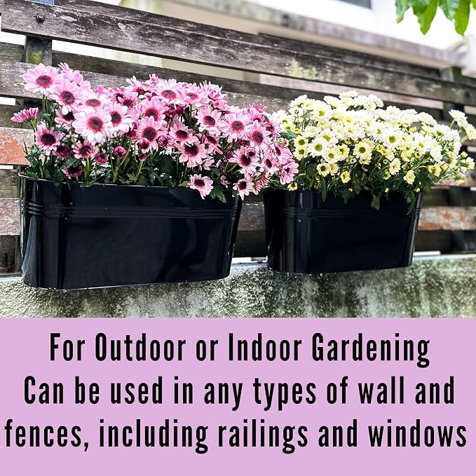 LaLaGreen Outdoor Plants Rail Planter (16 Inch, 6 Pack) Black Metal Iron Hanging Flower Pots Deck Railings Fence Buckets Modern Boho Style Wall Mount Window Boxes Plant Holder Hooks Porch Home Decor