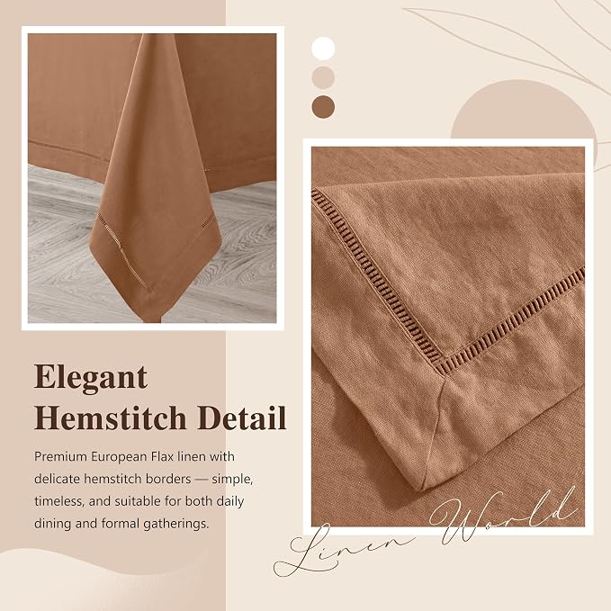 Linen World Fall Linen Tablecloth 108" x 60" Inch,French Linen Washable Rectangular Table Cloth for Dining,Outdoor, Weddings and Restaurants,Decorative Thanksgiving Christmas,Beige Hemstitch
