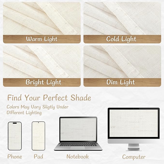 LAMIT 40 Inch Sheer Linen Curtains for Kitchen Windows Over Sink, Cream Ivory Light Filtering Drapes Back Tab and Rod Pocket Neutral Panels for Bathroom/Cafe/Basement, 2 Panels, 34 x 40 Inch
