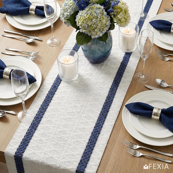 FEXIA Boho Blue Table Runner for Easter Decor 72 Inches Long with Tassels Macrame Farmhouse Style Spring Party Rustic Wedding Baby Bridal Shower Dining Decor (12x72 Inches)