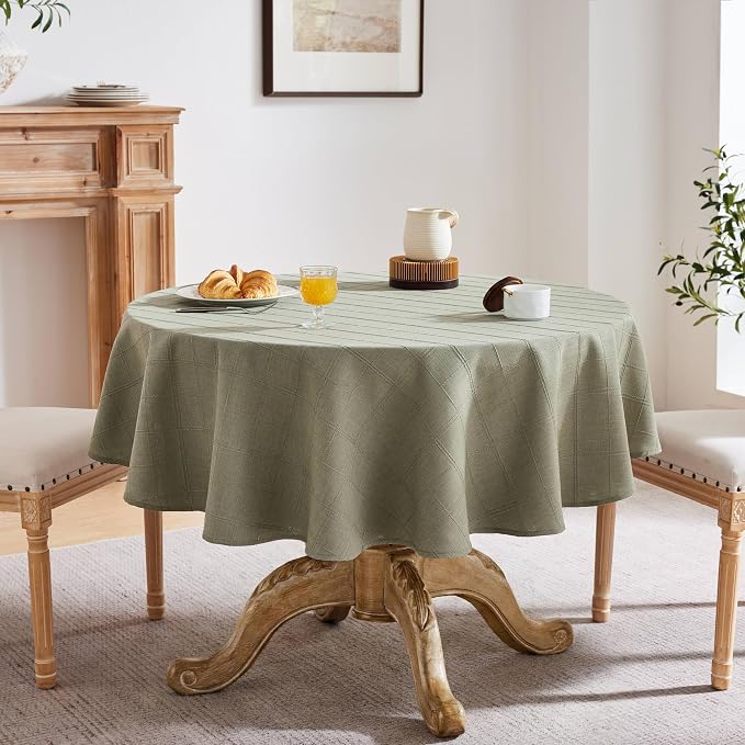 ZeeMart Linen Checked Table Cloth 52 Inches Round, Farmhouse Style Plaid Embroidered Water Resistant Table Cover, Olive