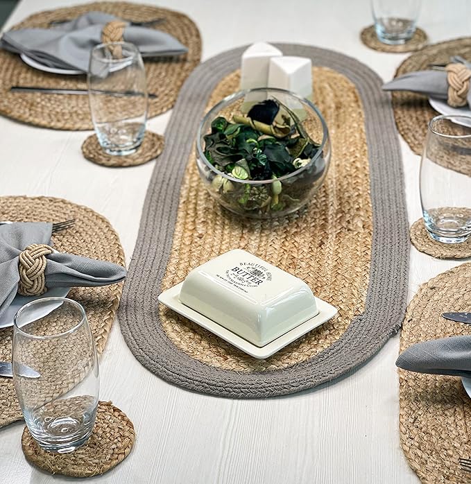 CHARDIN HOME Verona Oval Woven Jute & Cotton Braided Table Runner, Size -13 x 36 Inches, Color - Natural Jute with Grey Border