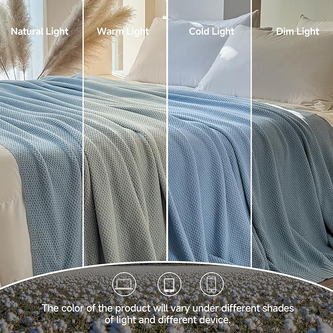 Simple&Opulence 100% Cotton Blanket King Size, Solid Color Cable Knitted Blanket Super Soft Comfortable Breathable Decorative Farmhouse for Couch Sofa Bed, All Season Use(Winter Blue,104x90)