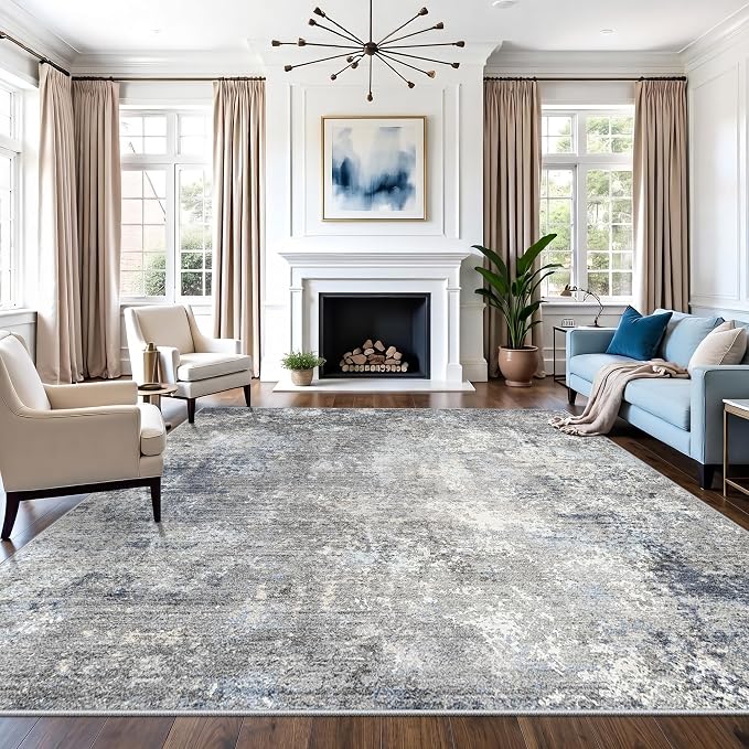 12x12 Extra Large Square Rug Modern Neutral Abstract Living Room Carpet, Washable Soft Low-Pile Non-Slip for Bedroom, Dining Room, Playroom (Blue Grey, 12x12)