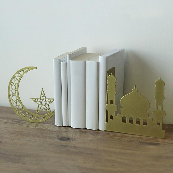 IWA Concept | Crescent and Masjid Islamic Metal Bookend | Home Decor or Islamic Decor for Table or Shelves | Home Decorations for Ramadan Gifts | Islamic Gift | (Gold)