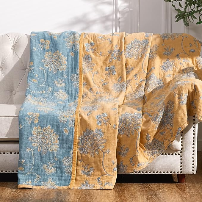 jinchan Boho 100% Cotton Muslin Twin Size 60x80 Inches Blanket Lightweight 4-Layer Quilted Soft Yellow and Blue Floral Throw Blanket Reversible Comfy Flower Breathable All Seasons Couch Bedroom Decor
