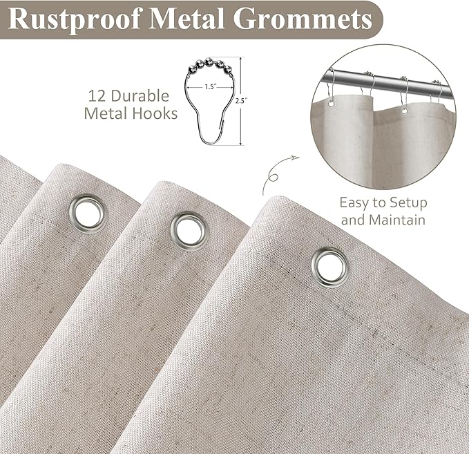 Naturoom Oatmeal Linen Shower Curtain, Cloth Textured Fabric Shower Curtain Set with Hooks, Simple Elegant Modern Farmhouse Country Ultra Thick Bath Curtains for Bathroom,Water Repellent,72x80