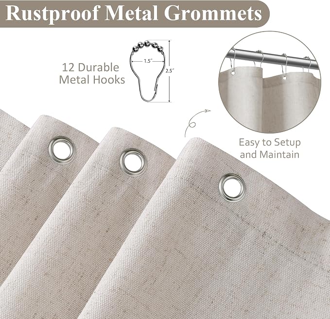 Naturoom 48 Inch Shower Curtain - Stall Narrow Half Green Linen Ultra Thick Fabric Shower Curtain Set with Hooks, Boho Farmhouse Rustic RV Camper Bath Curtains for Bathroom, Oatmeal, 48x72