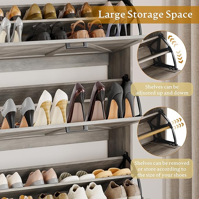 Wodeer Shoe Cabinet Storage for Entryway, Shoe Storage Cabinet with 3 Flip Drawers, Freestanding Narrow Shoe Rack Organizer with Metal Legs & Side Hook for Foyer, Hallway, Grey