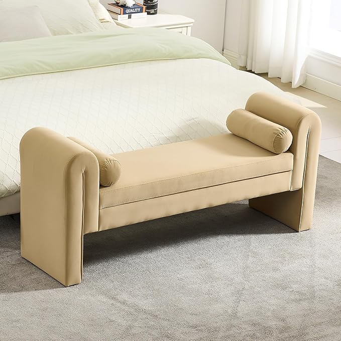 Velvet Bench for Bedroom End of Bed, 60.5- inch Upholstered Button Tufted Ottoman Bench with Rolled Arms, Button-Tufted Ottoman for Living Room, Entryway (Apricot)