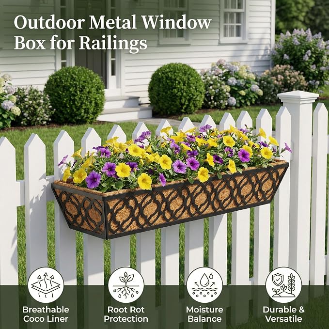 2 Pack 30 Inch Railing Planter Box with Coco Liner, Adjustable Metal Window Box Planter for Balcony Deck Fence, Hanging Flower Basket for Outdoor Garden, Black