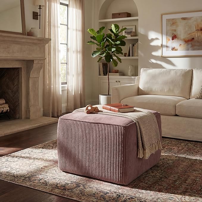 Christopher Knight Home Isa Corduroy Pouf Ottoman Foot Rest, Square Fabric Pouffe Ottoman Footstool, Living Room Sofa Couch Extra Seat, Modern Coffee Table for Home Office/Bedroom, Dusty Pink