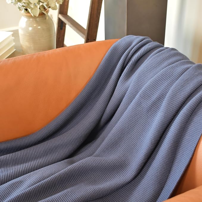 100% Cotton Knitted Throw Blanket – Oeko-TEX® Certified, Breathable & Soft, 50" x 60" – Substantial All-Season Blanket for Couch, Bed, Home Décor and Gifting - 2 lb (Blue)