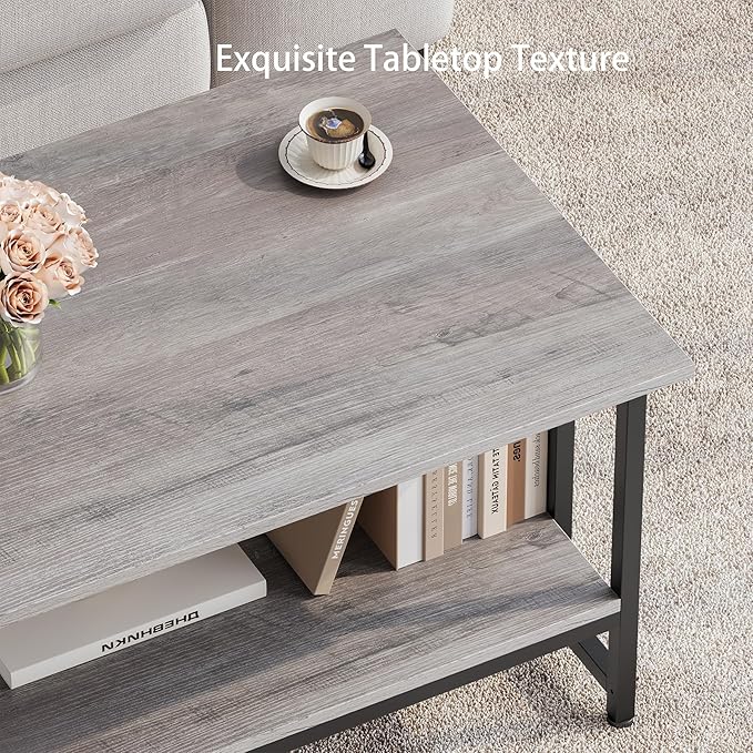 Coffee Table, 39 Inch 2-Tier Farmhouse Rustic Coffee Table with Storage, Modern Rectangle Wooden Center Table, for Living Room, Small Space, Easy Assembly, Wash Gray