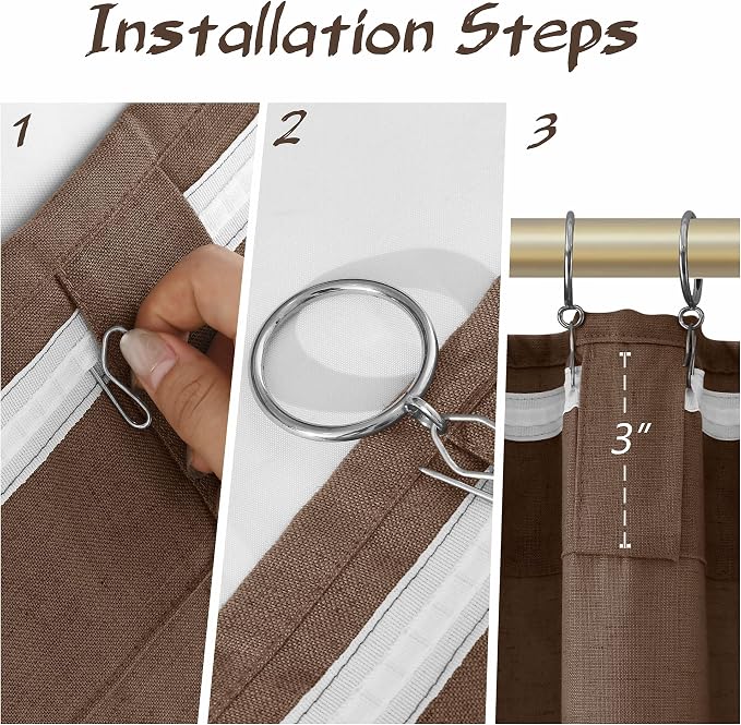 Joywell Caramel Brown Linen Curtains 120 Inches Length Light Filtering Neutral Farmhouse Boho Rod Pocket Back Tab Hook Belt Clip Rings Semi Sheer Window Drapes for Bedroom Living Room 52x120