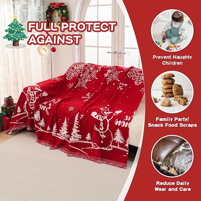 MEETSKY Christmas Sofa Cover Couch Covers for 2 Cushion Couch Sofa, Washable Couch Cover Blanket with Tassel for Living Room Sectional Sofa Slipcovers for Dogs Large Couch Protector, 71" x 118", Red