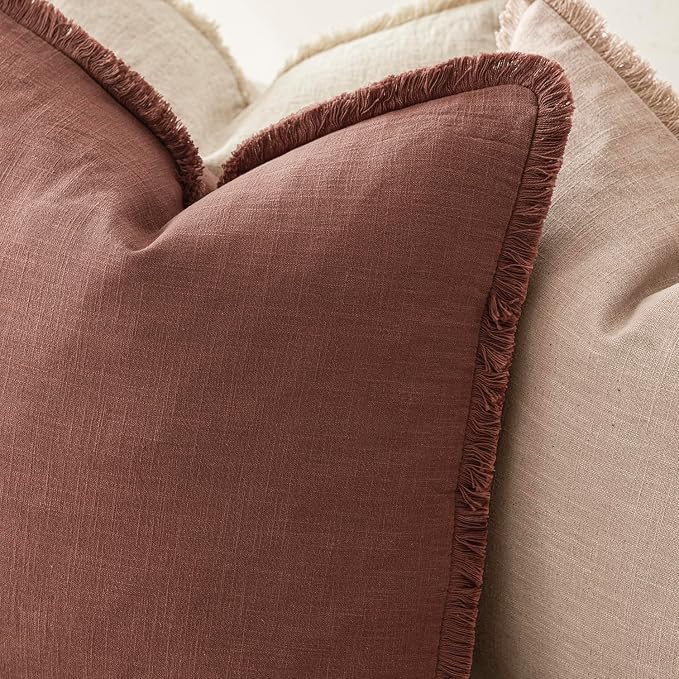 Foindtower Set of 2 Decorative Linen Fringe Lumbar Throw Pillow Covers Boho Farmhouse Cushion Cover with Tassels Soft Accent Pillowcase for Couch Sofa Bed Living Room Home Decor,12×24 Inch,Rust Red