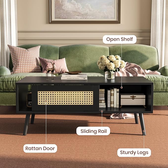 IDEALHOUSE Rattan Coffee Table with Storage, Farmhouse Boho Center Sofa Table with Sliding Door and Open Shelf for Living Room, Bedroom