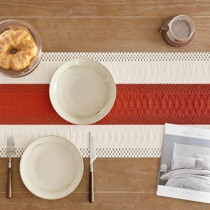 ZeeMart Macrame Style Bicolor Stitching Table Runner, 14 x 90 Inch Orange/Ivory, Boho Burnt Orange Fall Table Runners 90 Inches Long, Farmhouse Woven Fall Home Decor