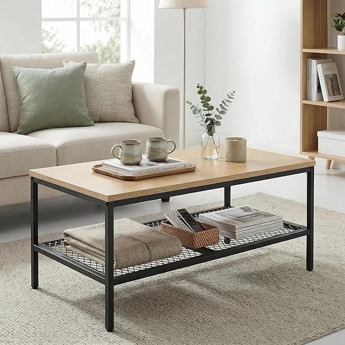 Wood Coffee Table,Rustic Rectangle Coffee Table with 2-Tier Storage for Living Room,Modern Industrial Center Table Small, Simple Rectangular Coffee Table in Office Bedroom,35.5in Beige