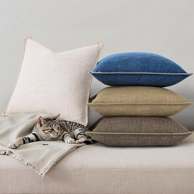 decorUhome Patriotic Summer Decorative Throw Pillow Covers 24x24 Set of 2 Square Faux Linen Outdoor Neutral Farmhouse Euro Sham Coastal Pillow Covers with Stitched Edge for Couch Sofa, Dark Blue